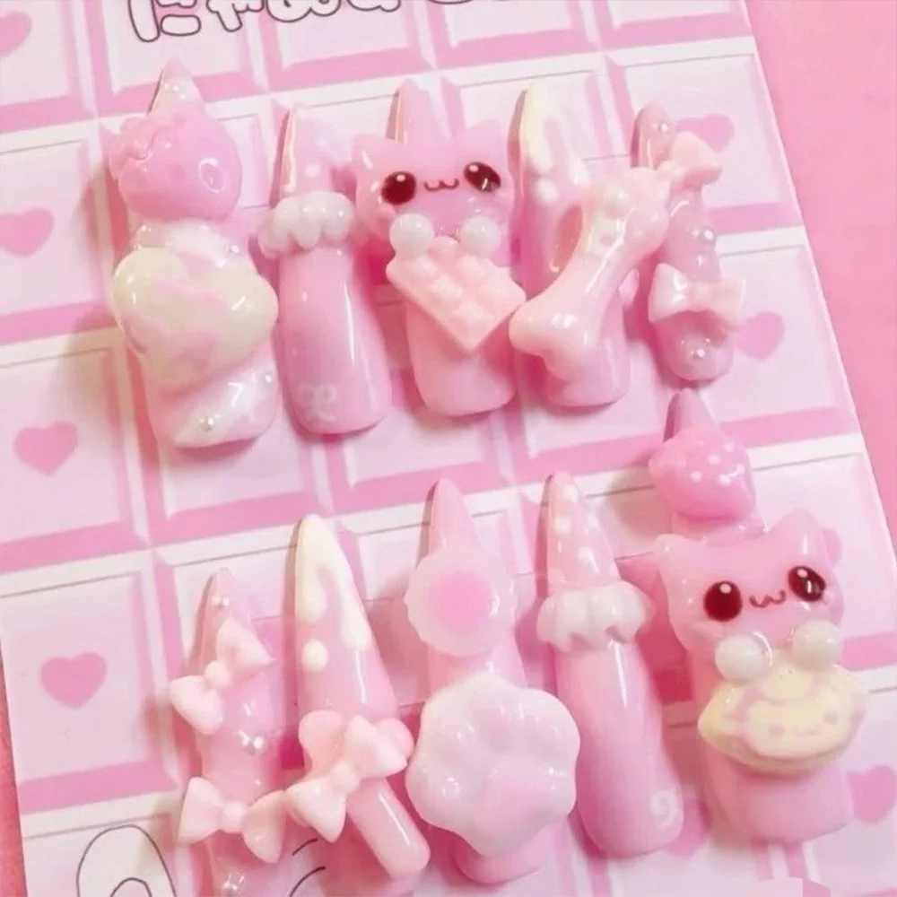 Niedliche Retro Japanische Rilakkuma Rosa Kaninchen Mandel Künstliche Nägel 3D Schleife Stern Katzenpfote Erdbeere Aufklebenägel Handaccessoires – Detail 4