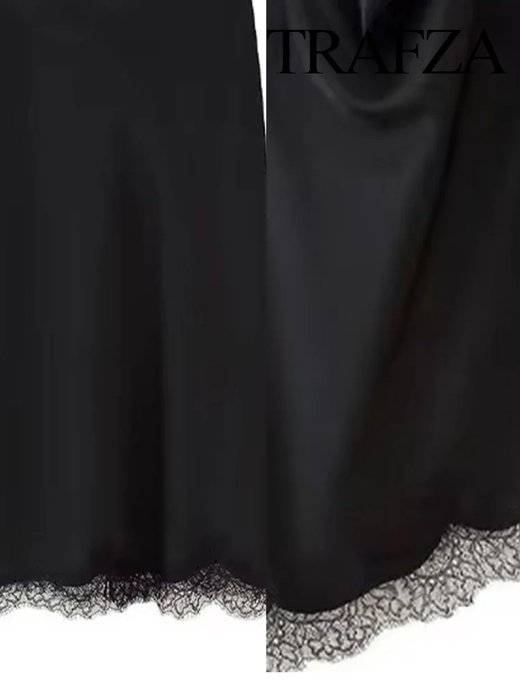 

TRAFZA Women Fashion Versatile Halter Neck Lace Sleeveless Backless Top+Mid-Waist Zipper Silk Satin Textured Hem Slit Skirt Suit