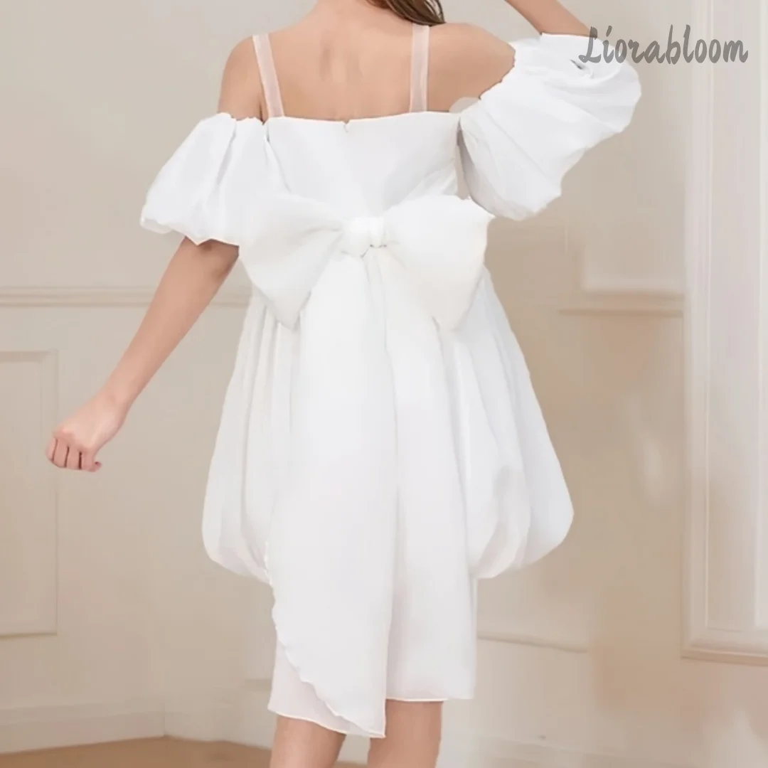 Abito da Cerimonia Squisito per Ragazze con Spalle Scoperte, Vestito Personalizzato con Maniche a Sbuffo, Abito Semplice da Damigella, Abito Formale da Sposa
