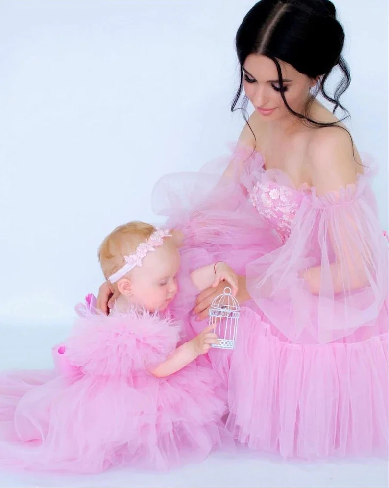 Roze Pluizige Puff Vestidos Moeder Dochter Bijpassende Tutu Jurk Mama En Mij Outfits Voor Babyshower Of Fotoshoot