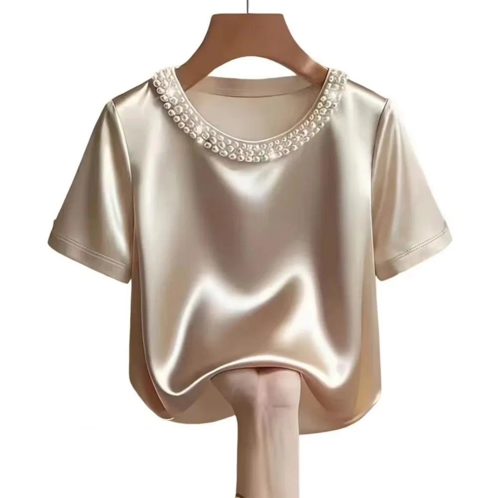 

Business Casual Loose Satin Silk T-Shirt Elegant French Style Women's Tops Summer Pearl Collar T-Shirt Everyday Wear