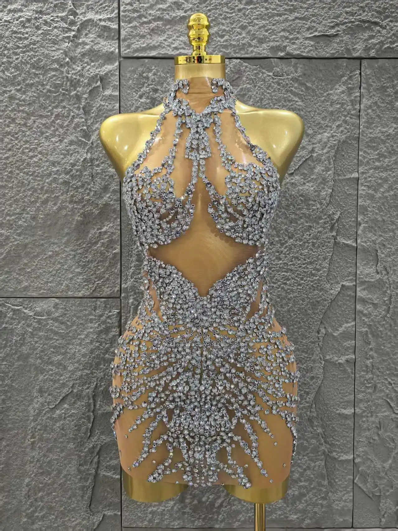 Luxury Rhinestones Mesh Transparent Prom Mini Dress Shinny Women Birthday Celebrate Party Prom Nightclub Outfit Stage Costume