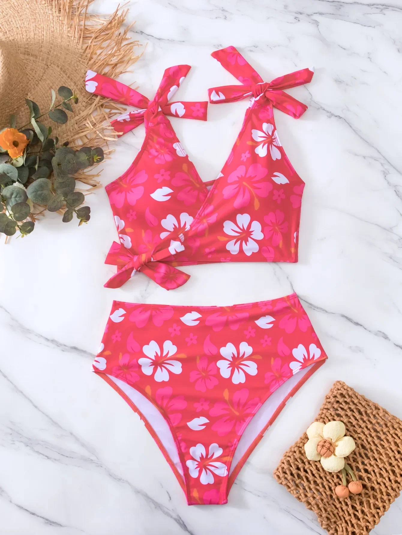Flower Print Swimsuit for Women 2025 Orange High Waist Two Piece Bikini Set V-neck Suspender Backless Beach Bathing Suit New