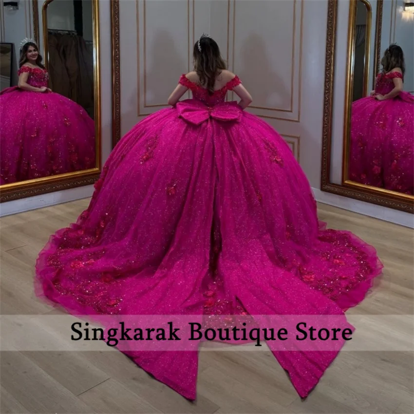

Hot Pink Stylish 3D Flowers Quinceanera Dress for Girls Rhinestones Beads Bow Off Shoulder Vestidos De 15 Quinceanera Customized