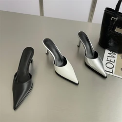 Women Slippers Slides Thin High Heels Black White Silver Outside Mules Shoes 2024 New Arrivals Party Pumps Dress Shoes 35-39