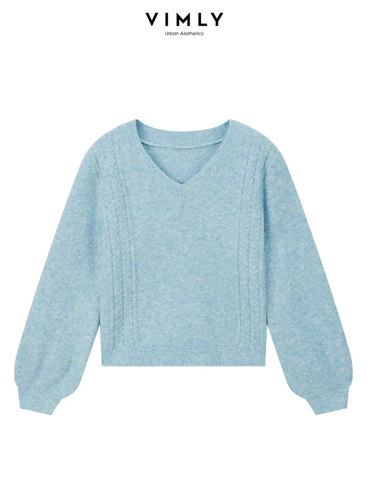 Vimly New Blue Knit Pullovers Women\'s Knitted Sweater 2024 Spring Jumper Knitwears Loose Lantern Sleeve Tops Female Jersey 72358