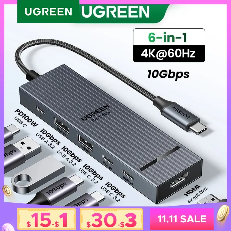 (RU Special) UGREEN Revodok USB C Splitter Type-C to HDMI 4K60Hz 10Gbps USB-A&C Ports PD 100W Charge Docking Station