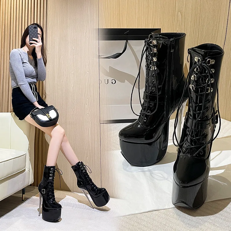 19CM Metal Thin High Heels 7CM Women Platform Short Boots Plus Size Nightclub Queen Shoes Pink Steel Pole Dancing Ankle Boots