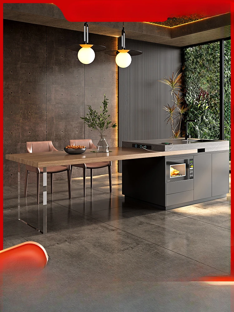 Light Luxury Rock Plate Island Table, One Piece, Scalable, High end Home Kitchen, Multi functional with Microwave Sink