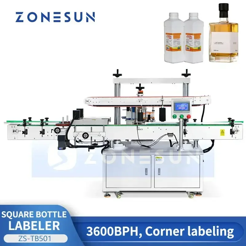 ZONESUN ZS-TB501 Square Bottle Two Side Corner Labeling Machine for Perfume, Juice & Whisky