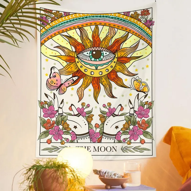VIKAMA Tarot Eye of the Sun Tapestry, Bohemian Mystical Lunar Phase Butterfly Psychedelic Aesthetic Wall Hanging, Home Decor