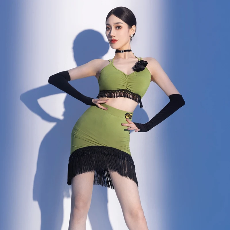 

Latin Dance Costume Adult Women Summer Latin Practice Clothes Black Green Top Fringe Skirt Tango Cha Cha Dancing Outfit AMY2082