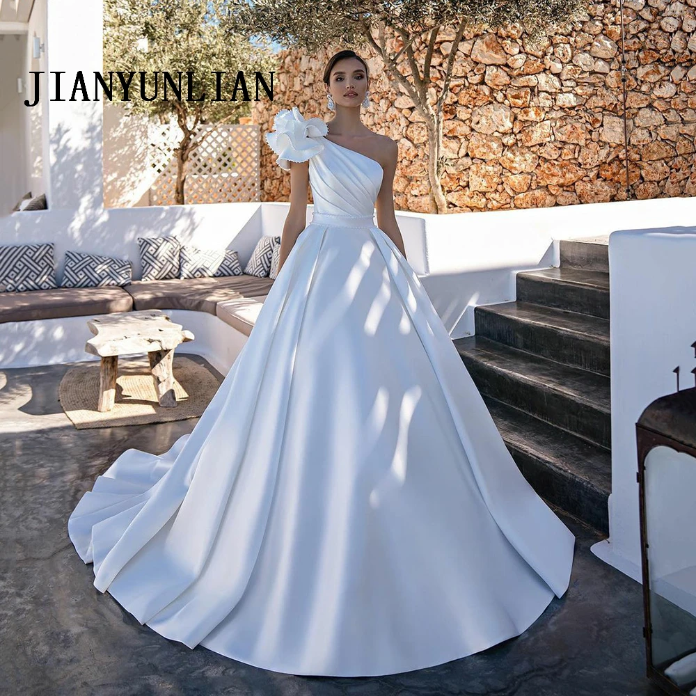 

Elegant A-Line One Shoulder Stain Wedding Dress Beading Sleeveless Bridal Gowns For Women Custom Made Vestido De Novia