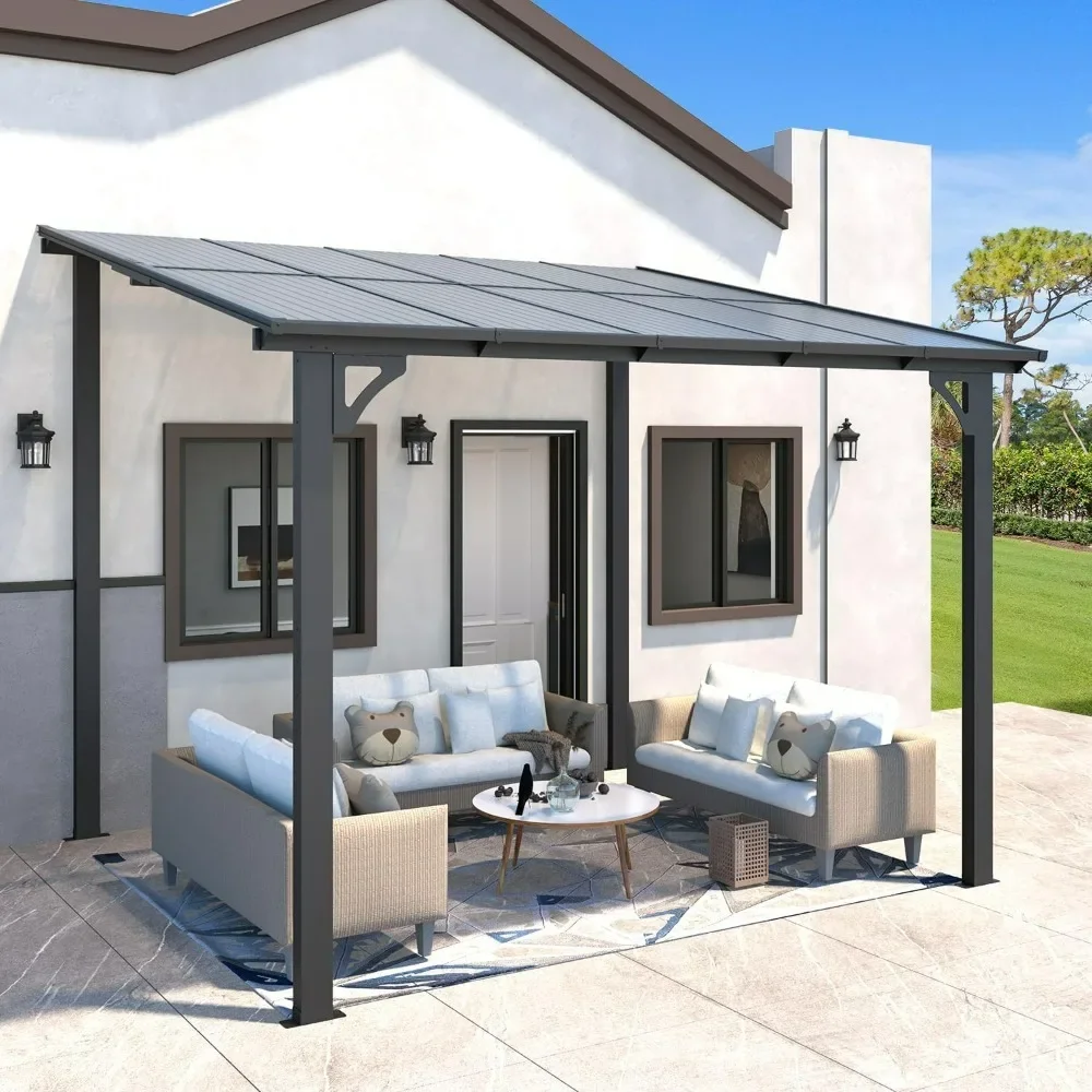 Gazebo da 10' x 8', piccolo pergola da parete magro per gazebo con tetto sul tetto, tende da sole resistenti con tetto rigido per cortile