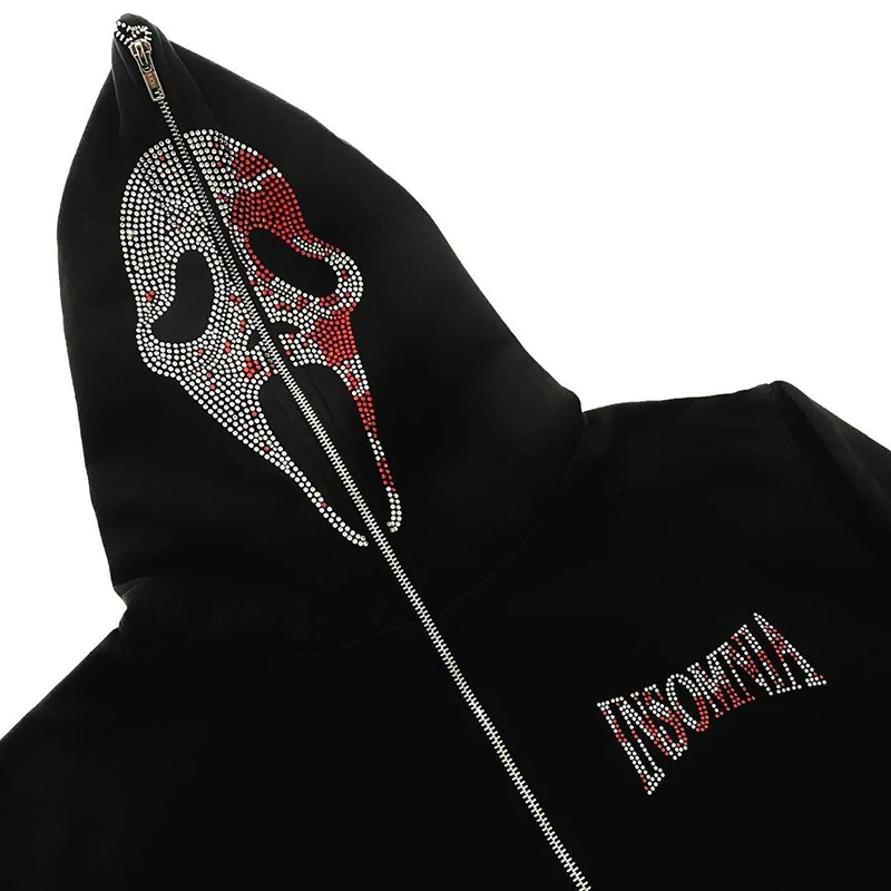 Rhinestone Zip Hoodie demon goth Sweatshirt Sport Coat Pullover Gothic Y2k Long Sleeve Oversized hoodie jacket Men\'s hoodies emo