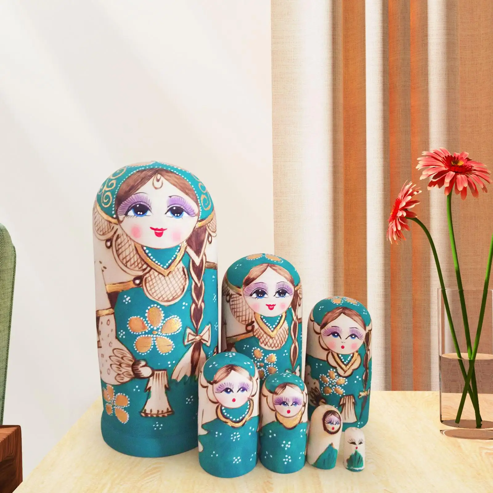 

7Pcs Wooden Russian Nesting Doll Collectible Crafts Stackable Nesting Wishing Dolls for Home Halloween Office Birthday Ornament