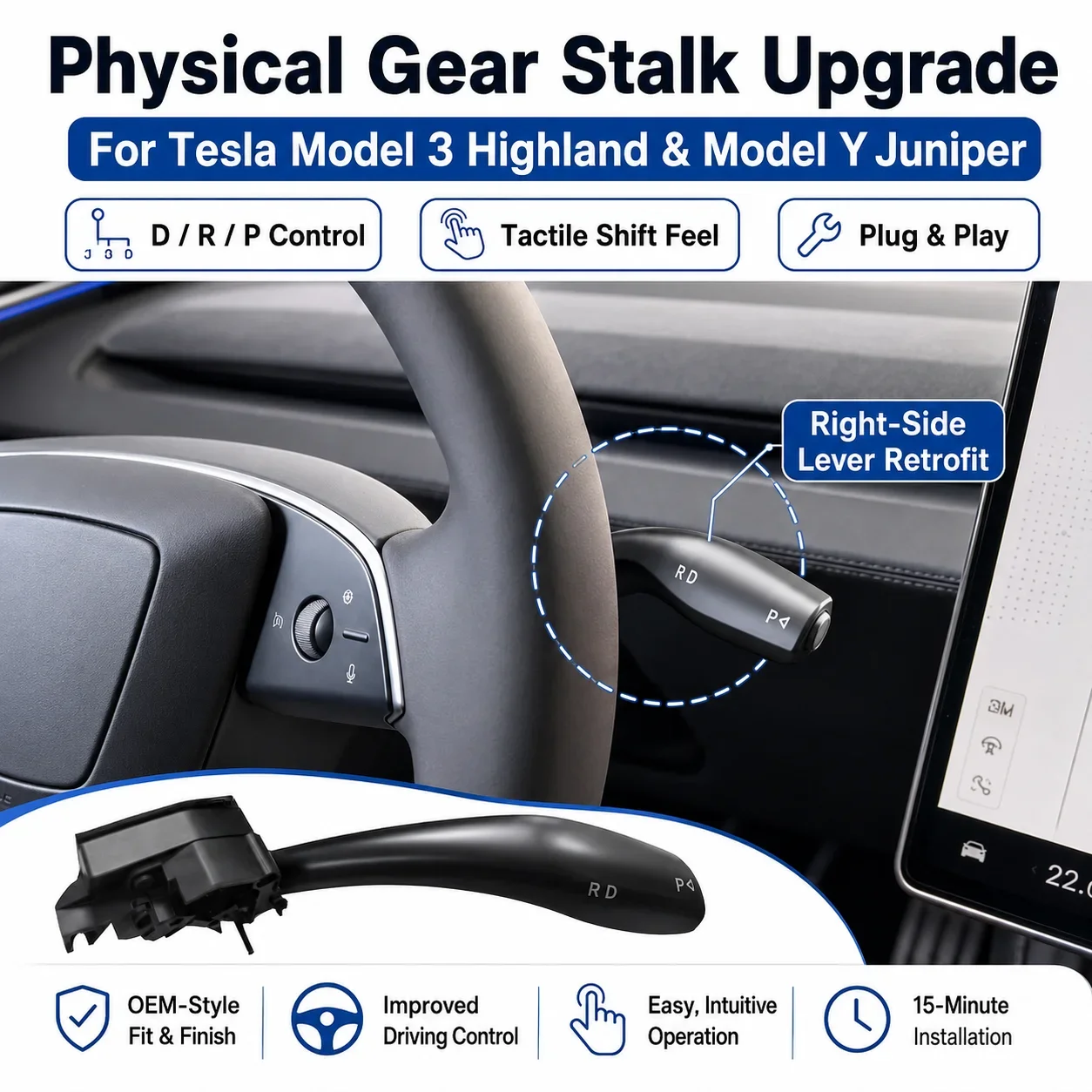 Gear Shift Stalk Right Lever for Tesla Model 3 Highland Model Y Juniper Physical Shifter Handle D P R Indicator Interior Kit