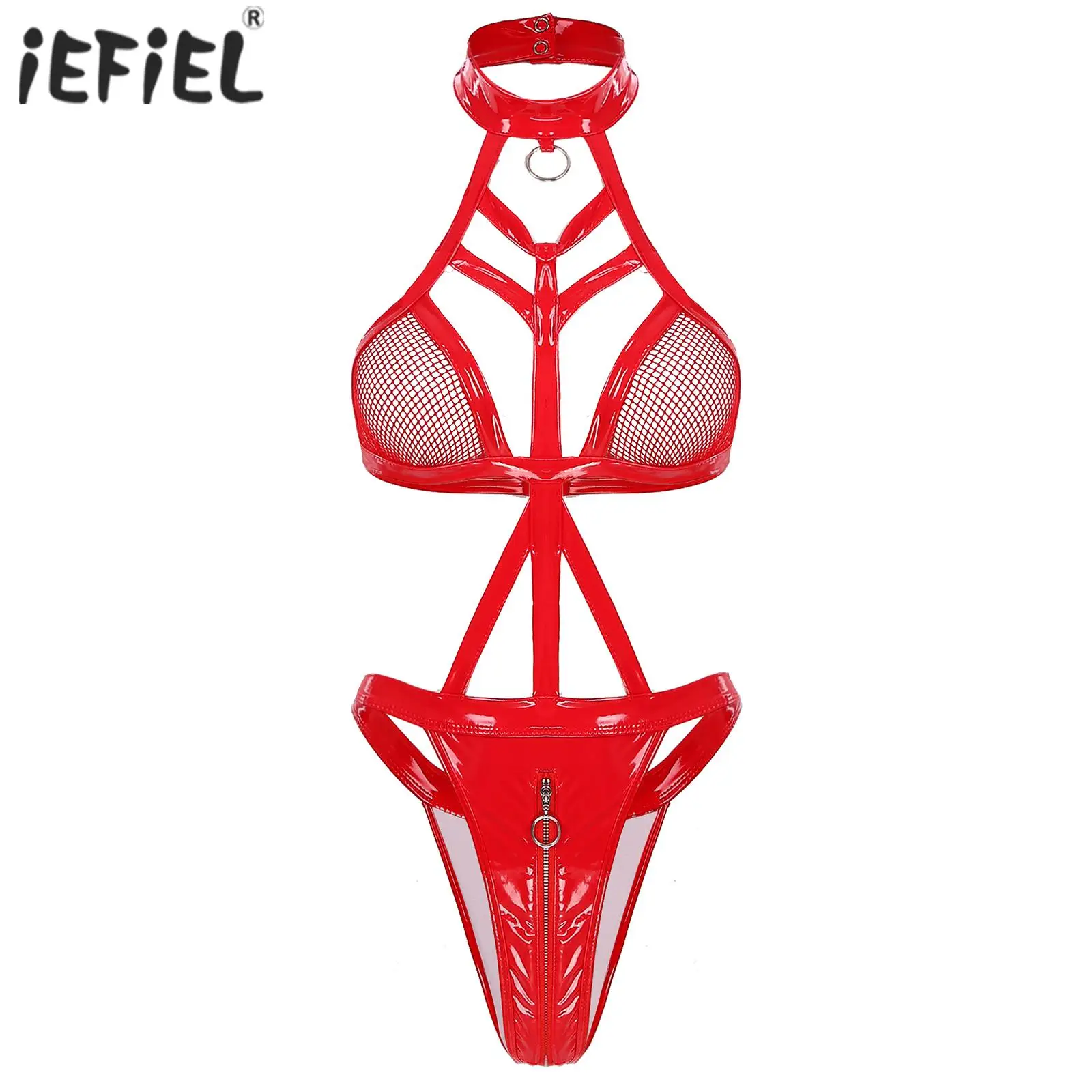 

Women's Erotic Hot Wet Look Leather Lingerie Latex Catsuit Halter Neck Zippered Open Crotch High Cut Leotard Bodysuits Nightwear