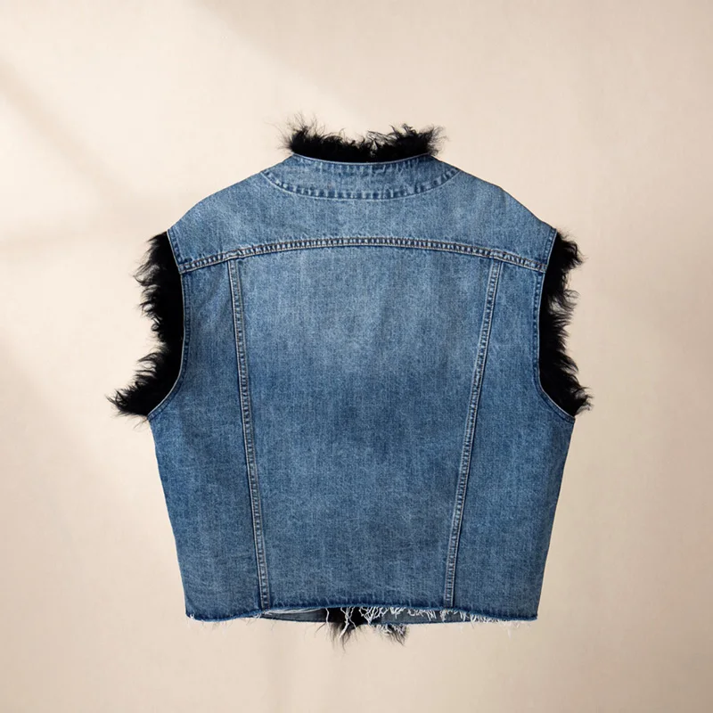 Kleine Mode Plüsch Spleißen gewaschen ärmellose Fransen Design Denim Weste Mantel Frau