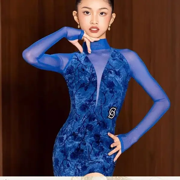 

ChildrenAutumn new girls Latin dance outfit children's Latin dance blue tassel skirt cha cha rumba samba dance practice outfit
