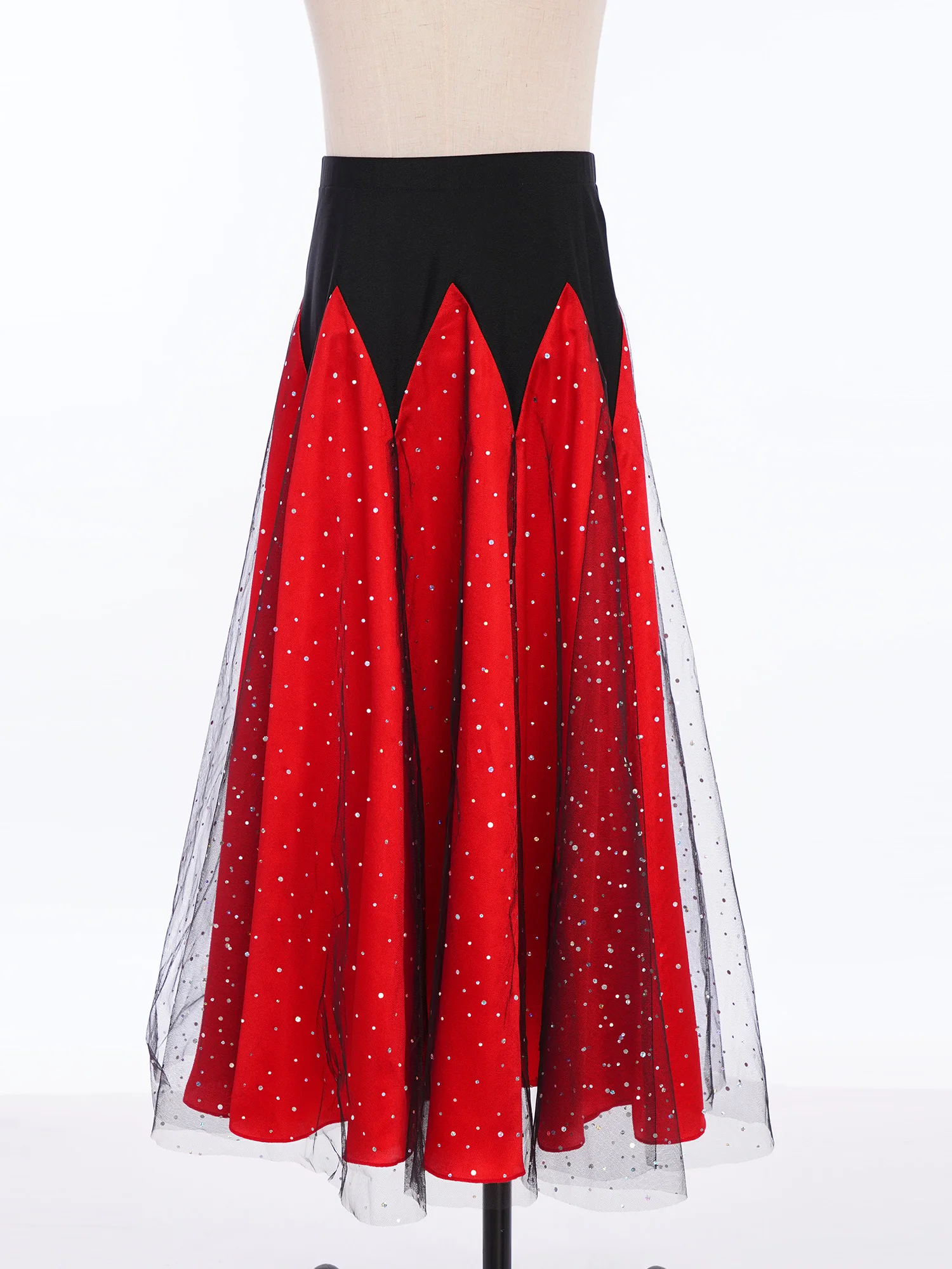Abito da flamenco spagnolo per bambina, valzer, sala da ballo, gonne, paillettes scintillanti, blocco di colore, elastico in vita, gonna in tulle arricciato
