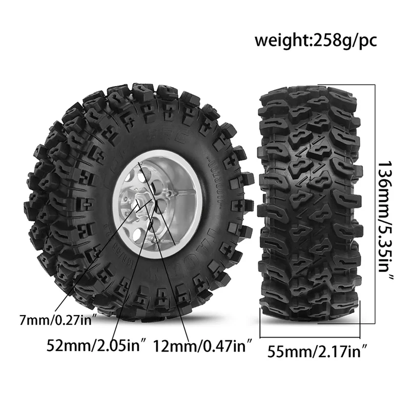 SQPP-4Pcs 136Mm 1.9Inch Metal Beadlock Wheel Rim Rubber Tire Set For 1/8 1/10 RC Crawler Car TRX4 D90 D110 Axial SCX10