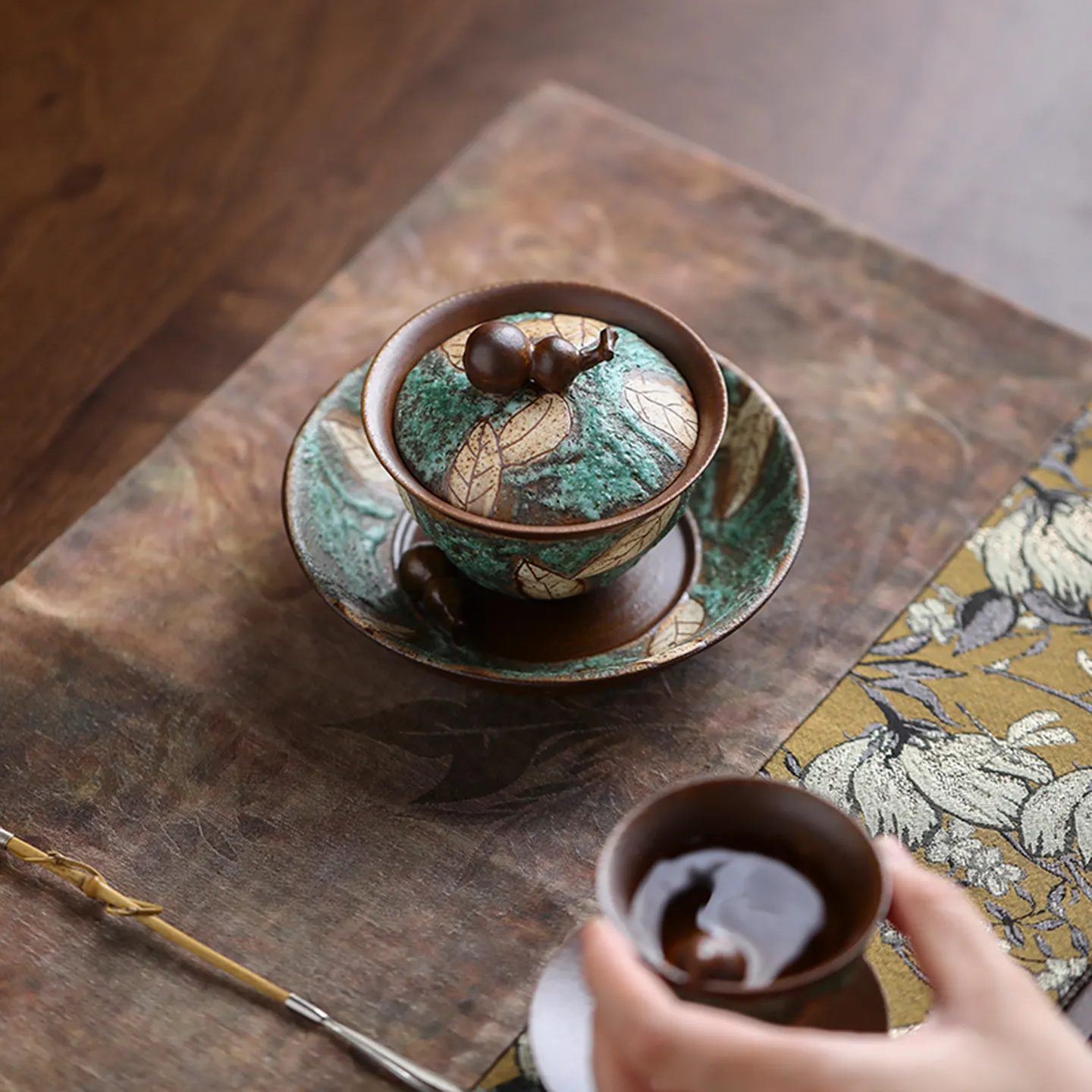Old Rock Clay Carved Gourd Three Piece Gaiwan, Rustic Ceramic Tea Brewer for Chinese Tea Tables and Loose Leaf Brewing