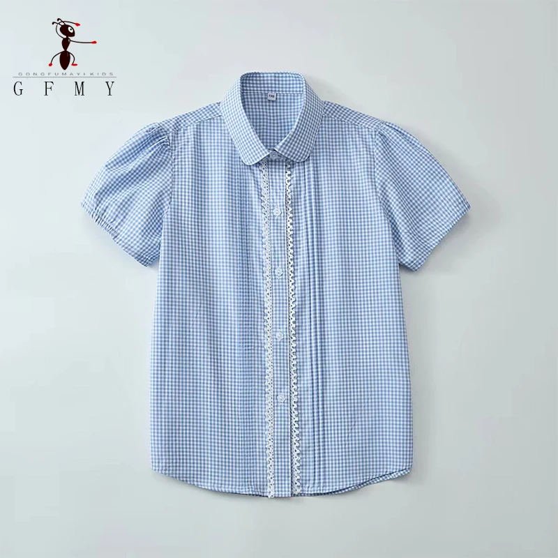 

Children's Blue Plaid Shirt Bubble Short Sleeves Boys Girls Blouse 100% Cotton Fine Plaid Shirts Summer Preppy Cardigan 3-14Y
