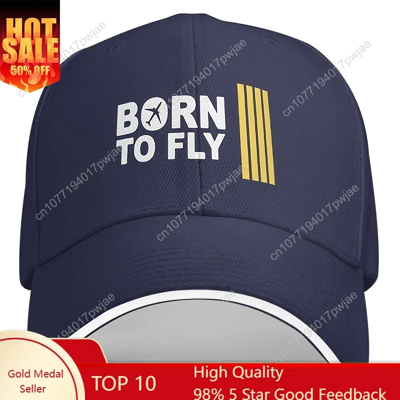 

Aviation Pilot Captain Baseball Cap - BORN to FLY & Airplane Graphic, Lightweight Black with White & Golden Stripes, Unisex Casu