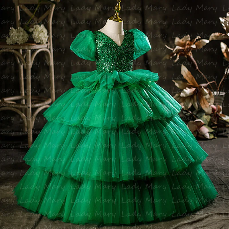 Customized Green Girls Birthday Party Gowns Layers Tulle Skirt Short Sleeves Princess Wedding Flower Gowns Photo Shoot Pageant