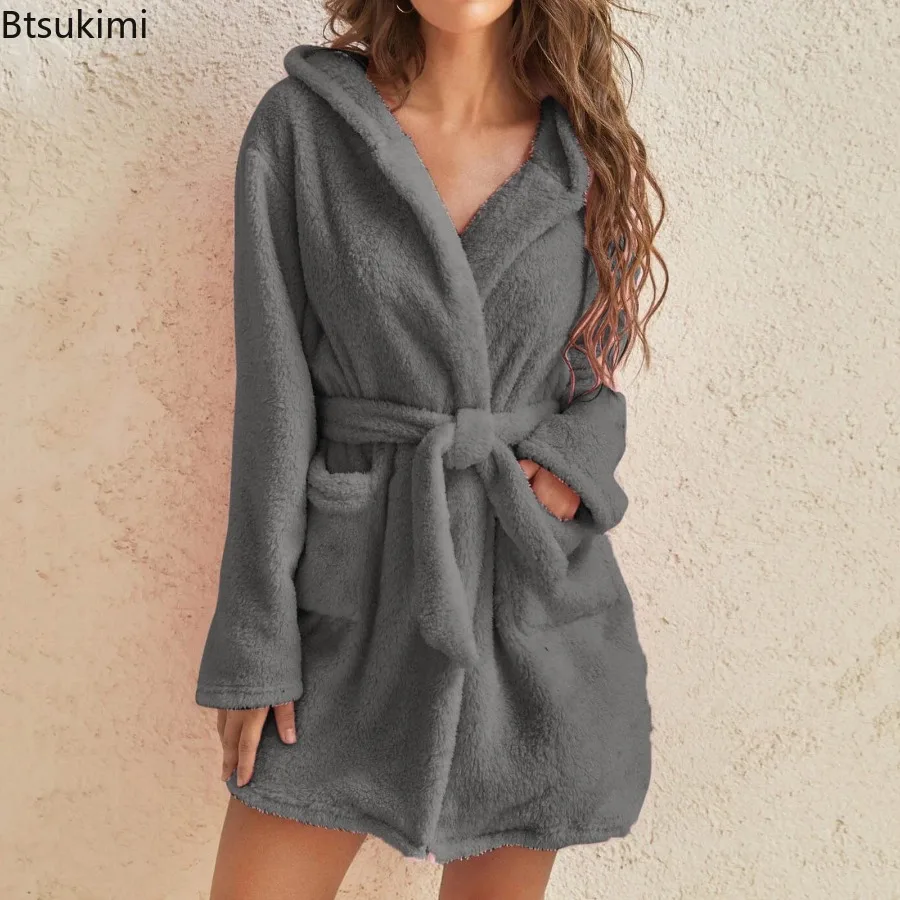 Women's Bath Robe Winter Fluffy Plush Pyjamas Ladies Sexy Hooded Dressing Solid Color Gown Warm Bathrobe Female Home Clothing