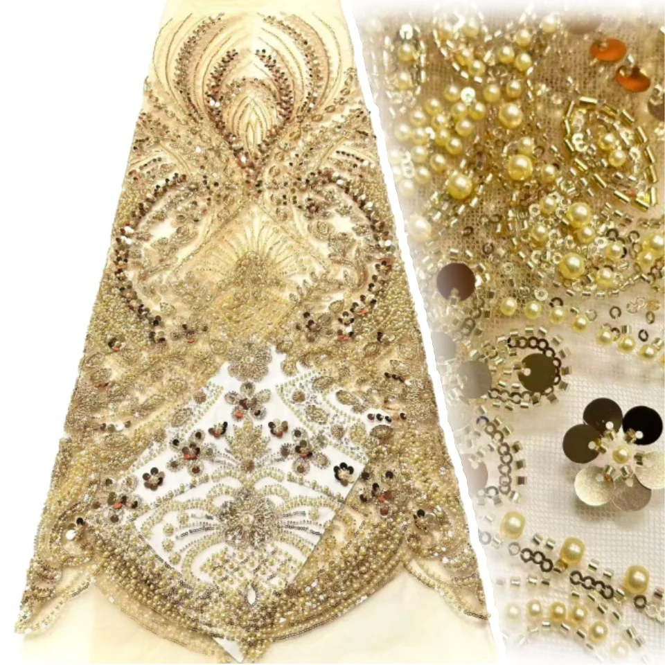 

Gold Luxury African Groom Beaded Lace Fabric 2026 Nigeria French Tulle Sequin Lace Fabric for Bridal Party Dress Sewing 2159