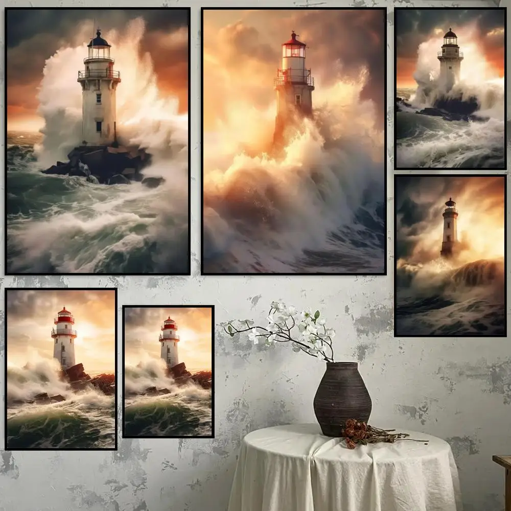 Lighthouse Ocean Storm Painting Calligraphy Canvas Poster Art for Bedroom Living Room Home Decor Decals Gift HD Wall Decoration