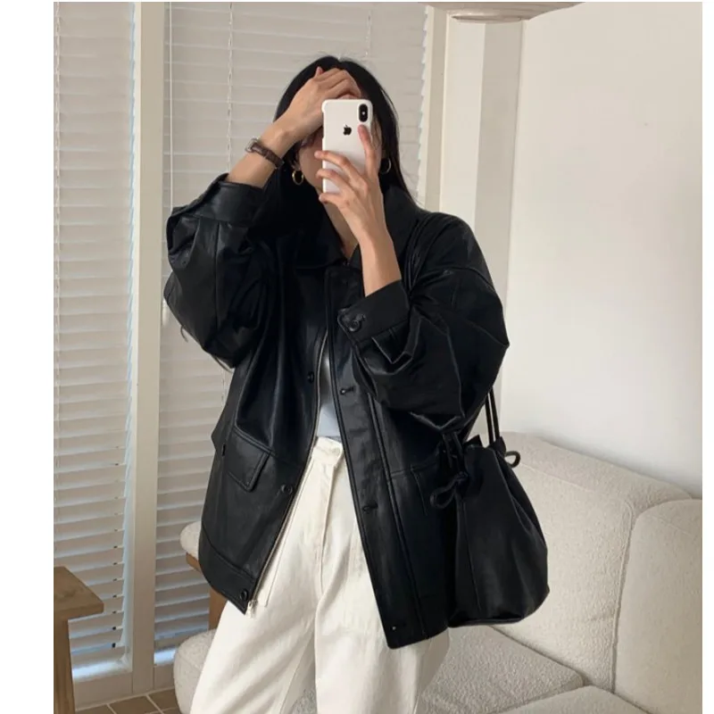 秋の新女性のカジュアルジッパーポケットルーズスリム Pu レザージャケットコート長袖ルーズフィットファッショナブルなレディースバイカージャケット