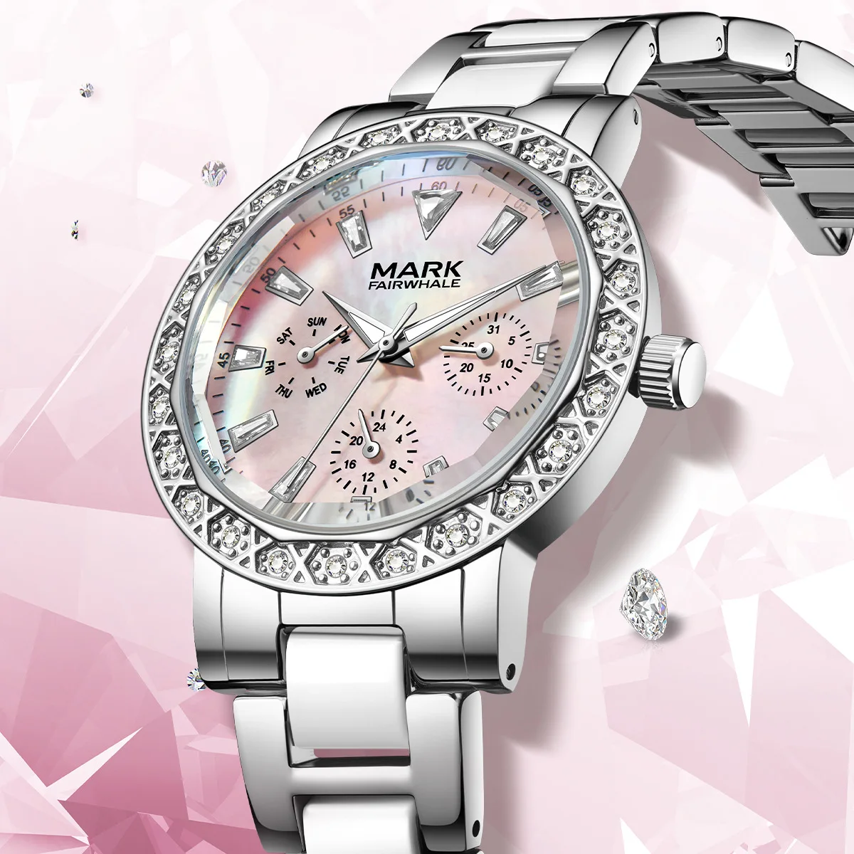 Mark Fairwhale Dress Pink Diamond Quartz Watch for Women Fashion Ceramic Chain Luxury Brilliant Beimu Ladies Wristwatch