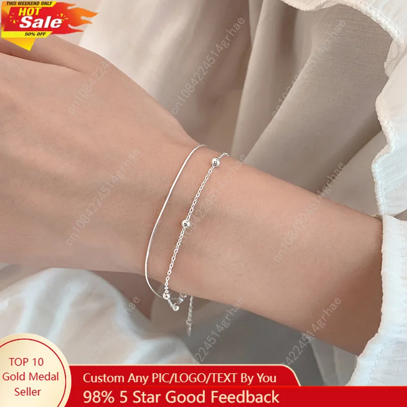 

925 Sterling Silver Round Ball Lucky Bracelets Woman Double-Layer Snake Chain Hot Top Quality Jewelry Wedding Jewellery