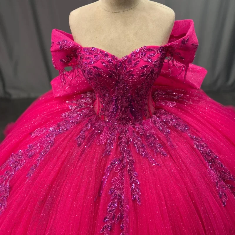 

Shiny rose pink Quinceanera Dress Crystal Glitter Decal Lace layering Bow beads Long tail Vestidos De 15 Quinceanera ﻿Customize