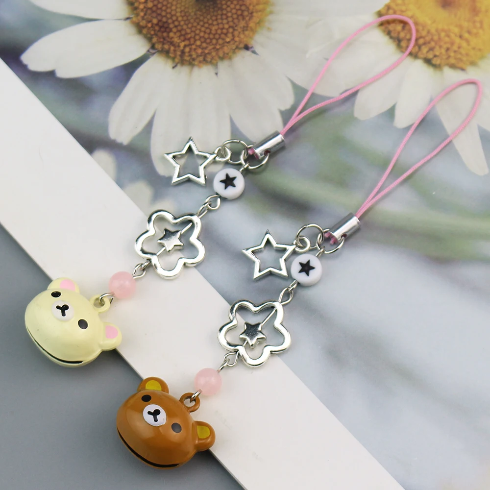 Kawaii Rilakkuma Bell Keychain Cartoon Lazy Brown Bear Backpack Pendant Y2K Handmade Star Hanging Chain Couple Phone Charm Gifts