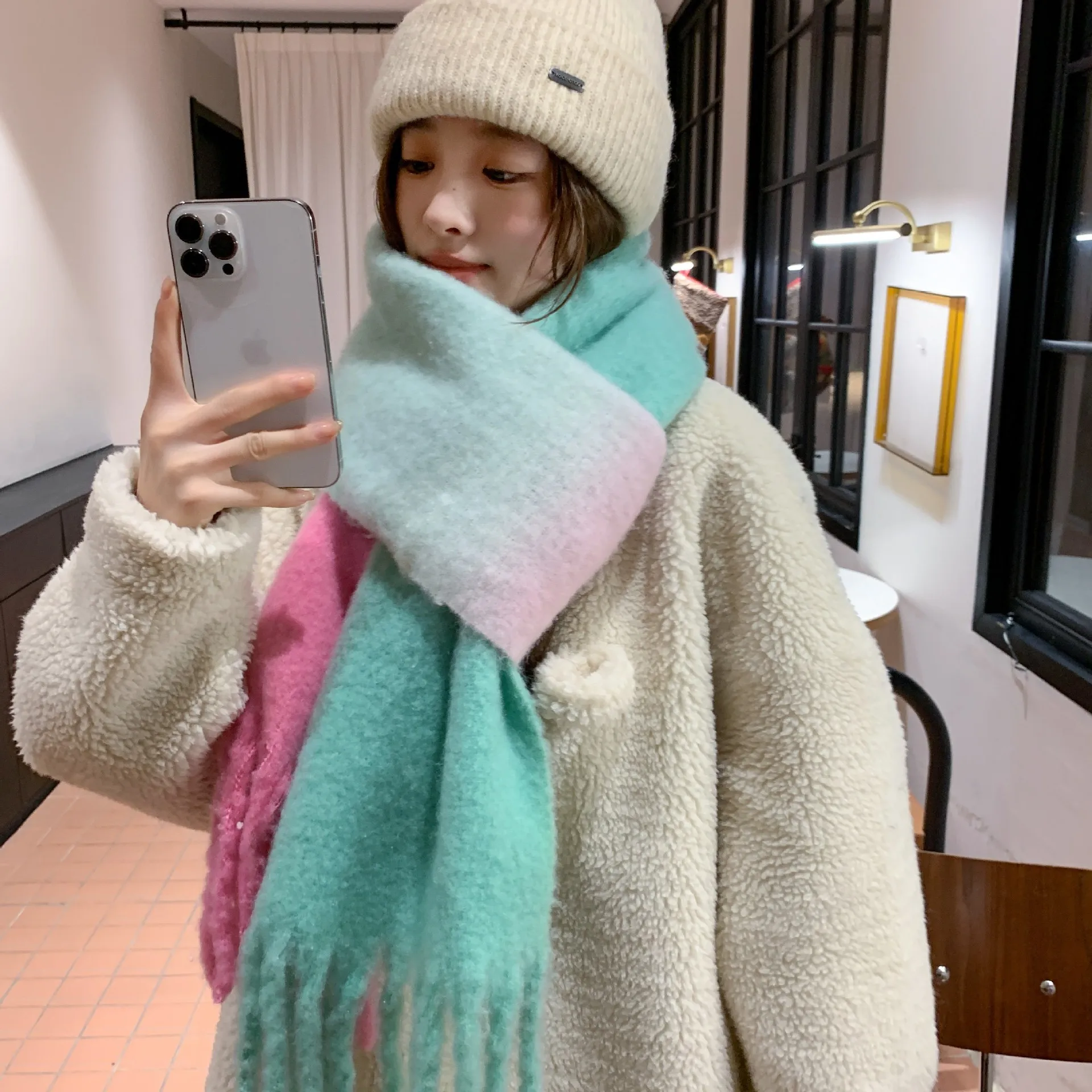 2023Winter New INS Imitation Cashmere Coarse Beard Gradient Women's Scarf Mohair Long Thickened and Warm Neck Wrapped with Shawl