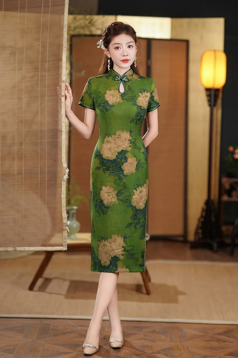 Estampado vintage feminino cheongsam chinês cetim, vestido feminino manga curta, vestido de festa noturno, qipao diário, verão