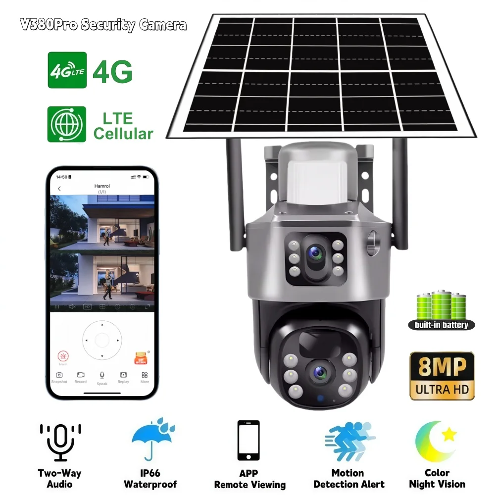 

Камера V380Pro Solar 4G LTE с поддержкой сети, 8MP, IP-камера для видеонаблюдения, защита от взлома, ночное видение, отслеживание людей, для наружного использования
