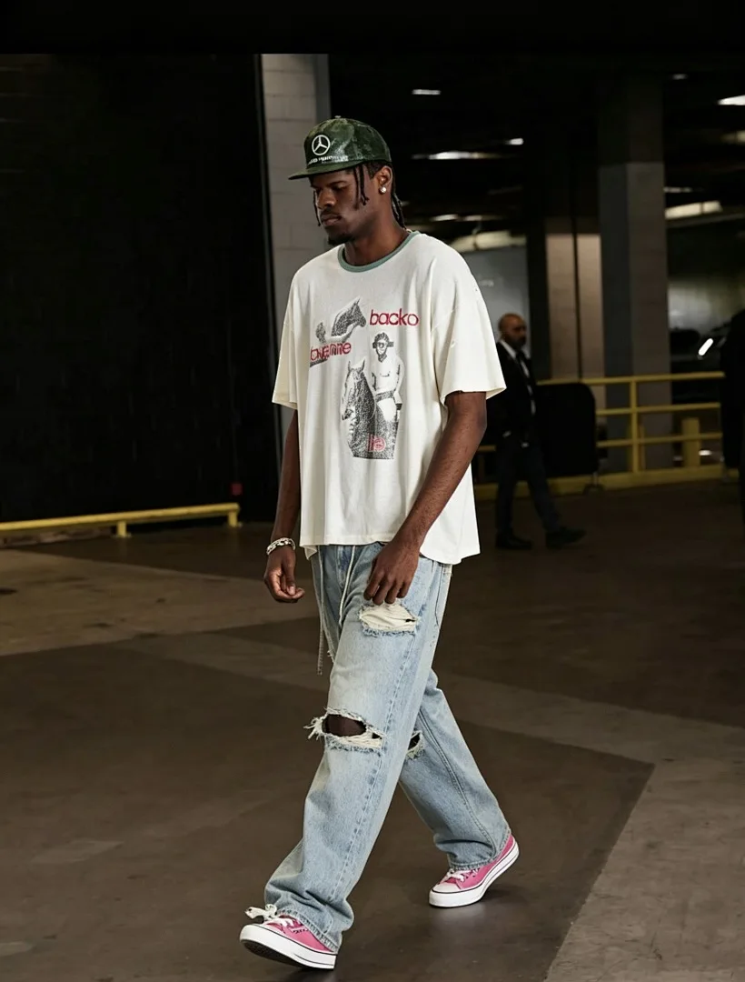 26SS Fashion Brand Fashion Western Horse Rider Print Paly Distressed T-shirt Unisex Loose Oversized Retro Streetwear Tee