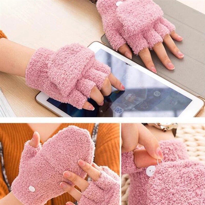 Guantes cálidos de invierno para mujer, guantes de medio dedo con tapa multifuncional, bonitos guantes femeninos suaves y cómodos de lana Coral cálidos a prueba de frío