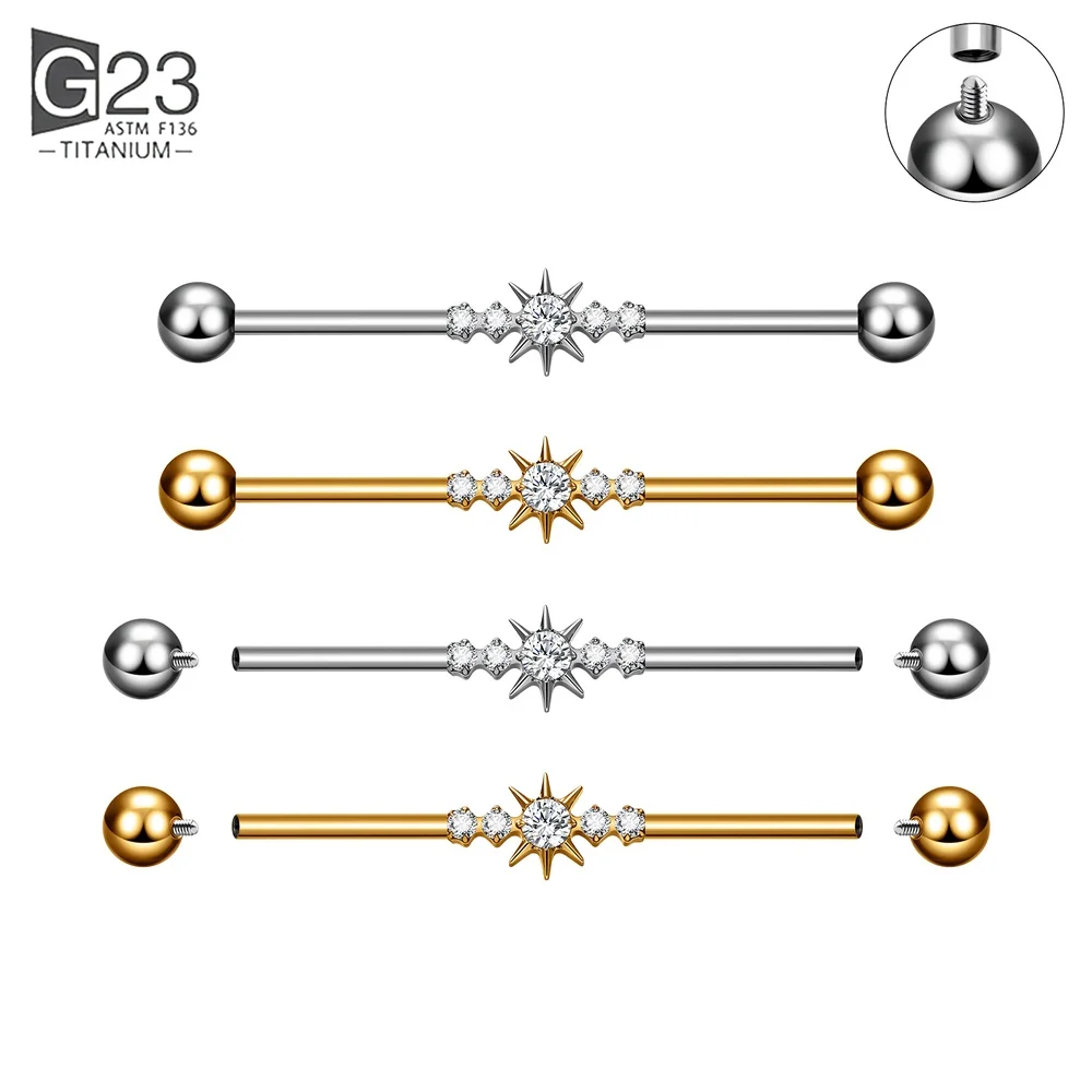 1/10Pcs G23 Titanium Industrial Barbell Ear Bridge Piercing Jewelry CZ Heart Star Bow Lotus Shape External Thread Industrial Bar