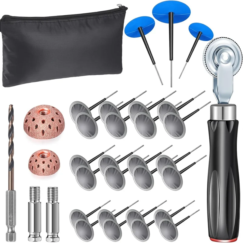 

AW-29 Pcs Tire Repair Patch Tool Kit For Motorcycle,Vehicle With 24Pcs Tire Patch Plugs (34/40/50 Mm) And Buffing Wheel