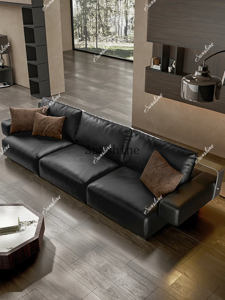Black leather sofa large flat floor living room corner Italian atmosphere first layer cowhide design leather art combination  FT