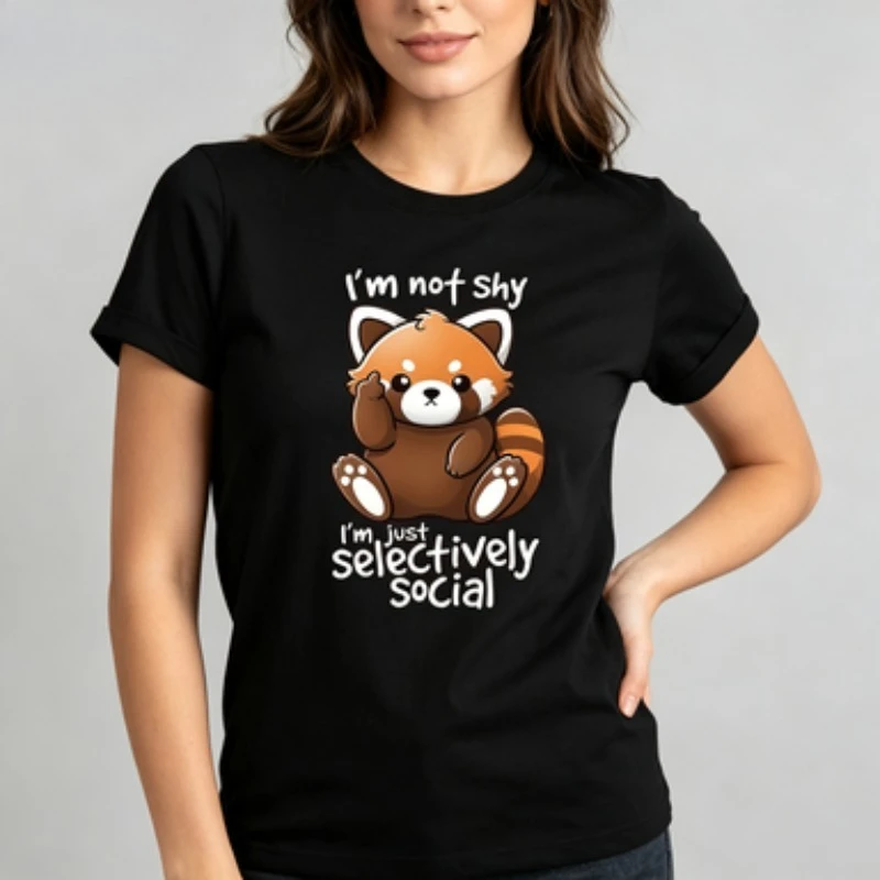 Pure Cotton Female Tee Cartoon Sitting Red Panda Print Humorous Social Anxiety Quote Soft Crew Neck Daily Streetwear  T-shirt