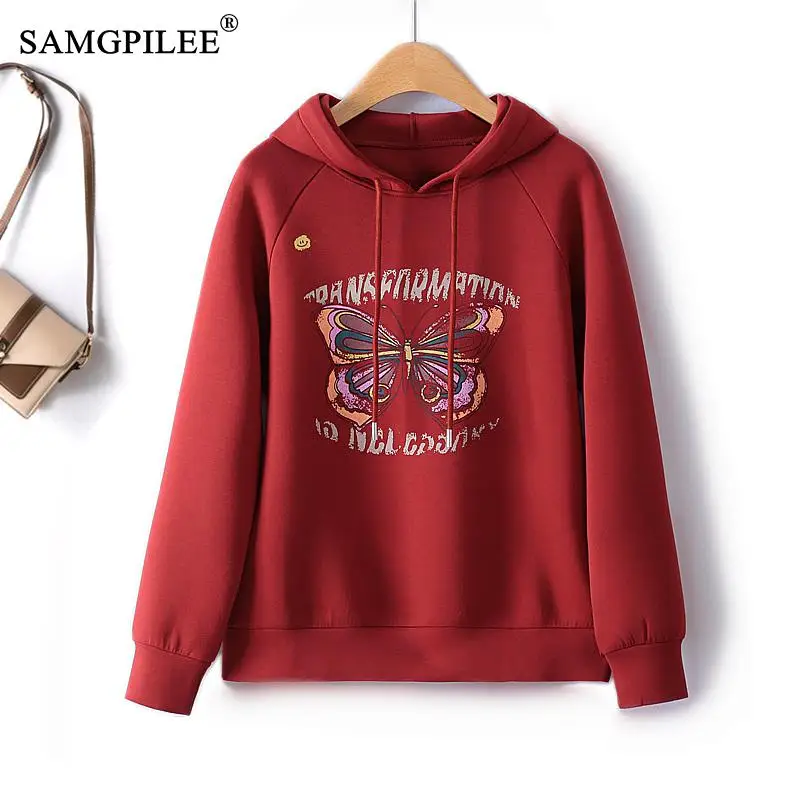 

Sweatshirts 2023 New Autumn Letter Butterfly Figure Hooded Shirt Space Cotton Casual Straight Long Sleeve Sweater Women's Tops