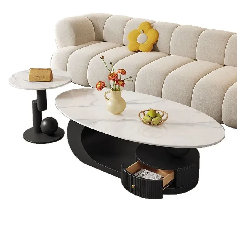 Oval rock slab coffee table, living room home light luxury modern new model, simple small apartment
