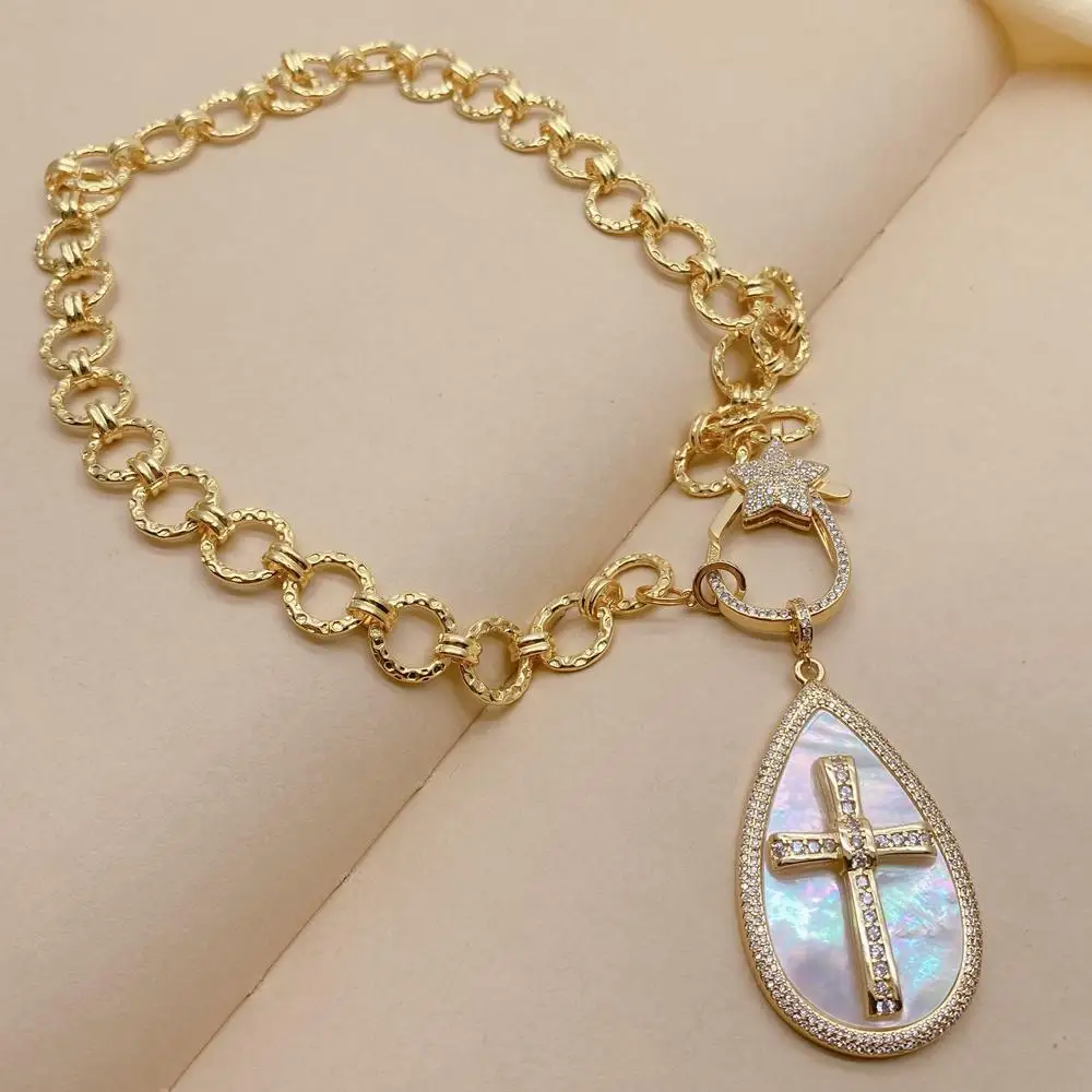 KKGEM 30x45mm Natural White Sea Shell Cz Pave Crucifix Pendant Gold Plated Chain Necklace